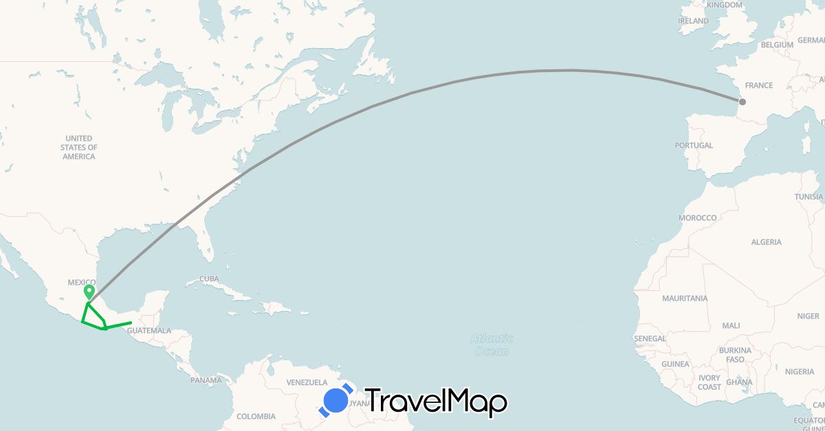 TravelMap itinerary: bus, plane in France, Mexico (Europe, North America)